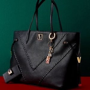 Nip luxury VS black weekender vegan leather gold tone V logo zip bag HTF classy